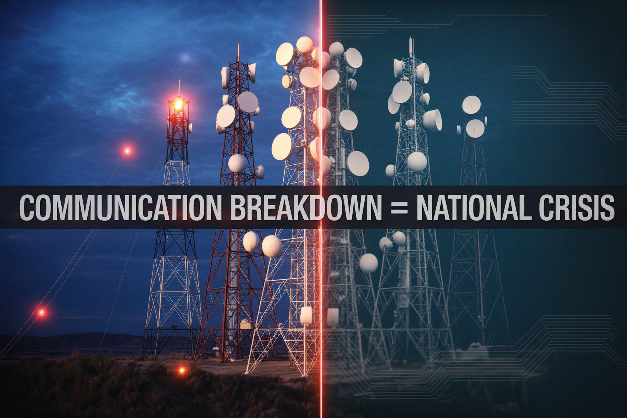 Create a realistic image of a dramatic split-screen composition showing a glowing network of interconnected communication towers and satellite dishes on one side representing strong defense communications, and the same network flickering and going dark on the other side representing system failure, with a subtle overlay of circuit board patterns, set against a dark blue background with emergency red warning lights, and include the text "COMMUNICATION BREAKDOWN = NATIONAL CRISIS" in bold white letters across the center of the image.