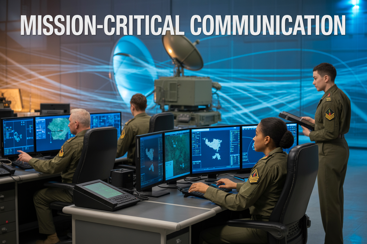 Create a realistic image of a modern military command center with multiple large screens displaying digital maps and communication networks, featuring a diverse group of military personnel including a white male officer and a black female communications specialist working at high-tech control stations, with glowing fiber optic cables and satellite dishes visible in the background, dramatic blue and amber lighting creating a high-tech atmosphere, and the text "Mission-Critical Communication" prominently displayed across the top of the image.
