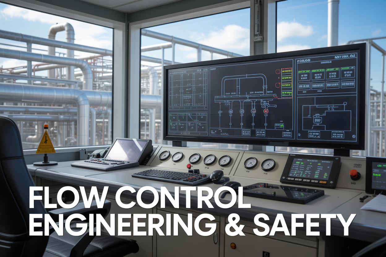 Create a realistic image of an industrial control room with large monitoring screens displaying flow control schematics and safety data, modern control panels with gauges and digital displays, industrial pipelines visible through windows in the background, bright professional lighting, clean and organized environment with safety equipment visible, and overlay text reading "Flow Control Engineering & Safety" in bold professional font.