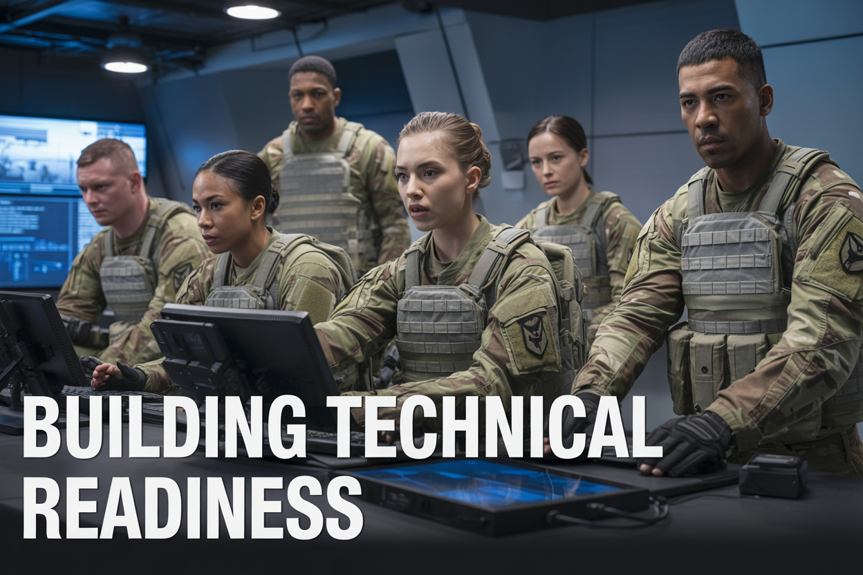 Create a realistic image of a diverse group of military personnel including white male, black female, and Asian male soldiers in modern combat gear participating in a high-tech training simulation with digital displays, tactical equipment, and advanced computer systems in a contemporary military training facility, with dramatic lighting highlighting the serious, focused atmosphere, and overlay text reading "Building Technical Readiness" in bold military-style font.