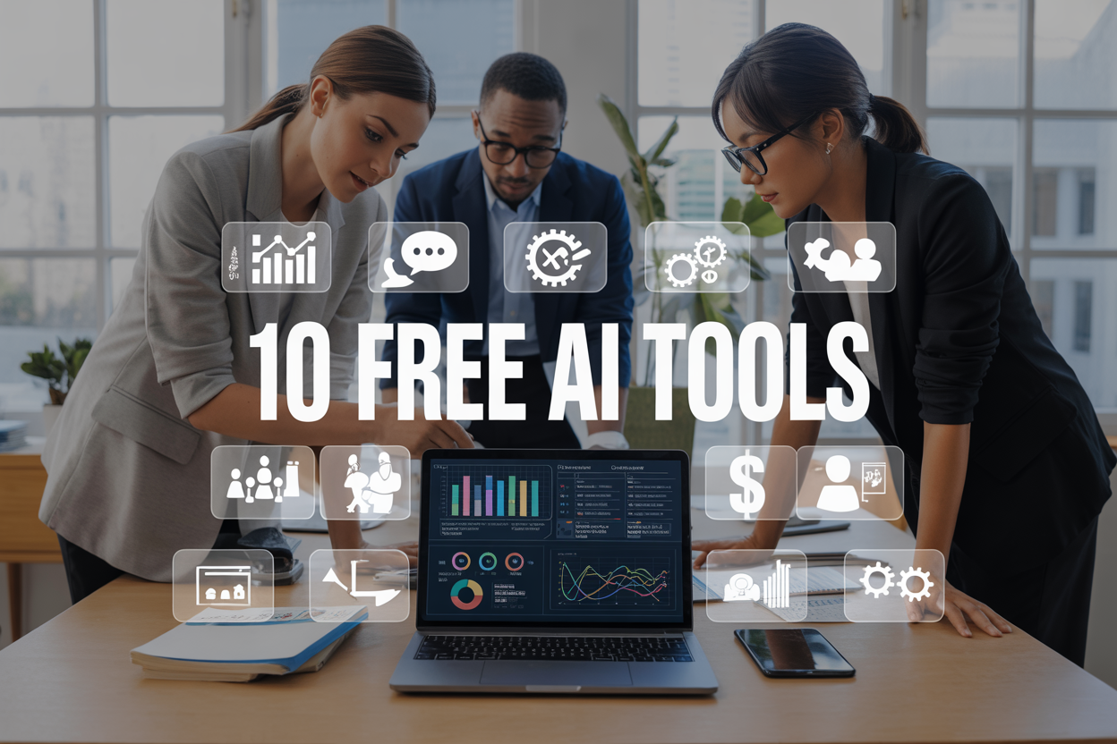 Create a realistic image of a modern office workspace with a sleek laptop displaying colorful AI dashboard analytics on the screen, surrounded by floating holographic icons representing different business functions like charts, chat bubbles, dollar signs, and gear symbols, with a diverse group of three business professionals (one white female, one black male, one Asian female) collaborating around the workspace, bright natural lighting from large windows, clean minimalist background with plants, and bold text overlay reading "10 FREE AI TOOLS" in modern sans-serif font.