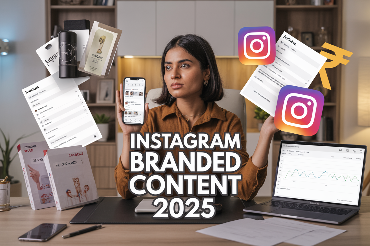 Create a realistic image of a young Indian female content creator sitting at a modern desk with a smartphone displaying Instagram interface, surrounded by brand collaboration elements like product packages, contracts, and a laptop showing analytics dashboard, with Instagram branded content icons and rupee symbols (₹40,000) floating around her, warm professional lighting, modern home office background, include text overlay "Instagram Branded Content 2025" in bold modern font.