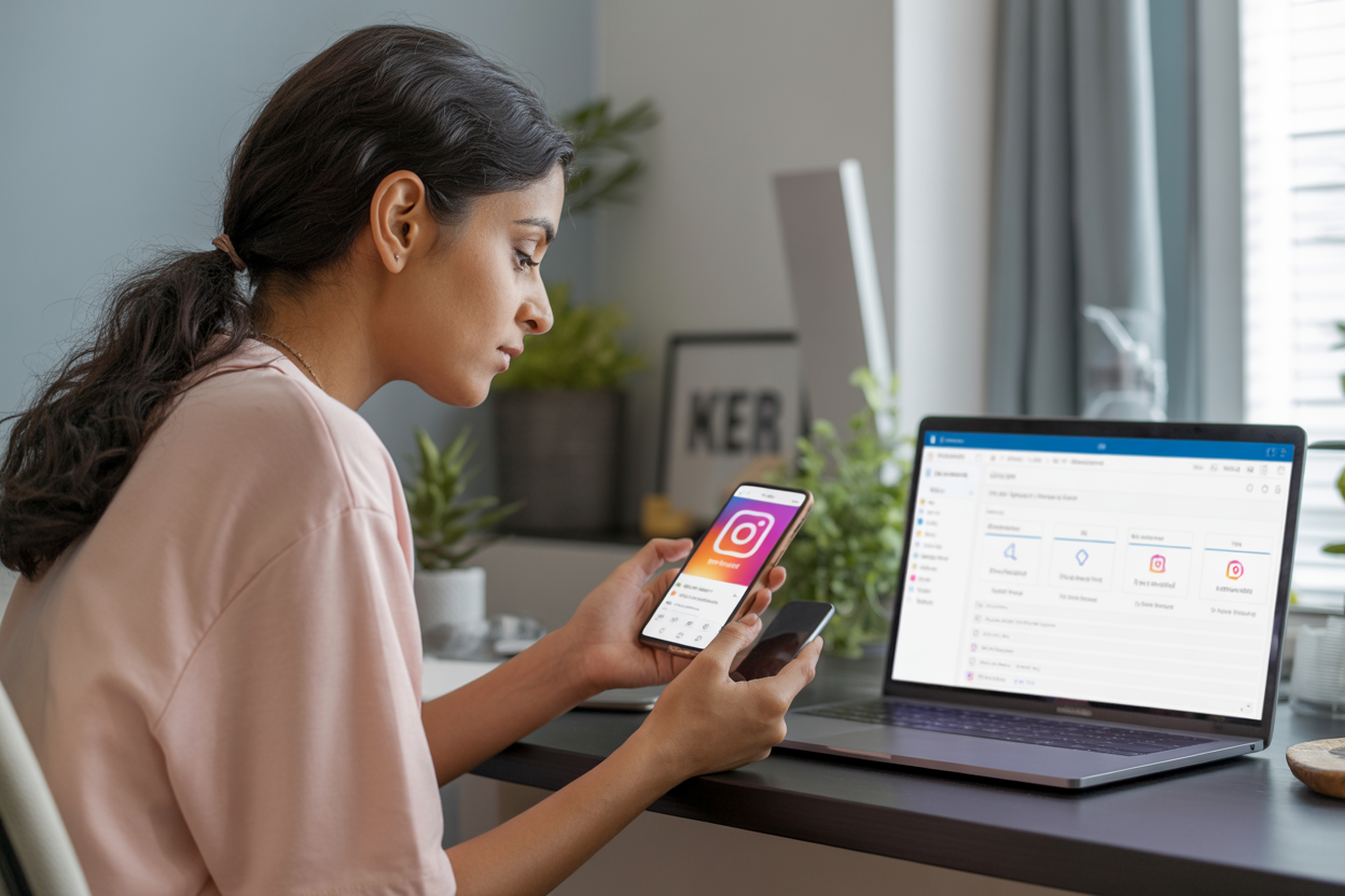 Create a realistic image of a young Indian female influencer sitting at a modern desk with a smartphone in her hands, looking at Instagram interface on the phone screen, with a laptop open beside her showing analytics and brand collaboration dashboards, soft natural lighting from a window, professional home office setting with plants and minimal decor in the background, warm and focused atmosphere suggesting digital marketing work, absolutely NO text should be in the scene.