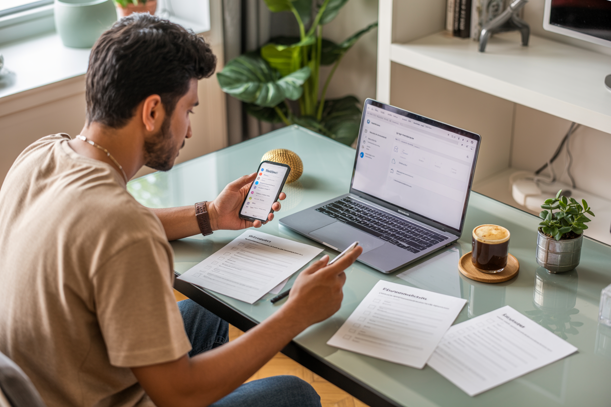 Create a realistic image of a South Asian male content creator sitting at a modern desk with a laptop displaying Instagram interface, surrounded by eligibility documents and requirement checklists on paper, with a smartphone showing Instagram creator tools, a small plant and coffee cup on the desk, in a well-lit home office setting with natural lighting from a window, conveying a professional and organized atmosphere for meeting branded content program requirements, absolutely NO text should be in the scene.