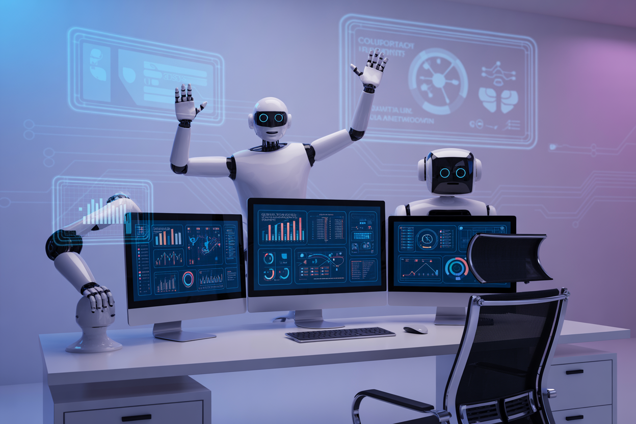 Create a realistic image of a modern office environment with a sleek computer workstation displaying colorful analytics dashboards and AI automation workflows on multiple monitors, robotic arms or AI interface elements seamlessly integrated with marketing charts and customer journey maps, futuristic holographic displays showing customer engagement metrics floating above the desk, ambient blue and purple lighting creating a high-tech atmosphere, clean minimalist background with subtle digital circuit patterns on the walls, absolutely NO text should be in the scene.