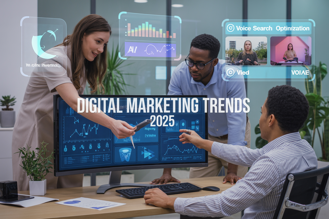 Create a realistic image of a modern digital marketing workspace featuring a diverse team of professionals (including a white female marketing manager and a black male data analyst) collaborating around a large curved monitor displaying various digital marketing analytics dashboards, AI automation workflows, and social media engagement metrics, with holographic AR/VR elements floating above the screen showing voice search optimization graphs and video content thumbnails, set in a sleek contemporary office with natural lighting and plants, including floating text overlay reading "Digital Marketing Trends 2025" in bold modern typography, conveying innovation and technological advancement in marketing.