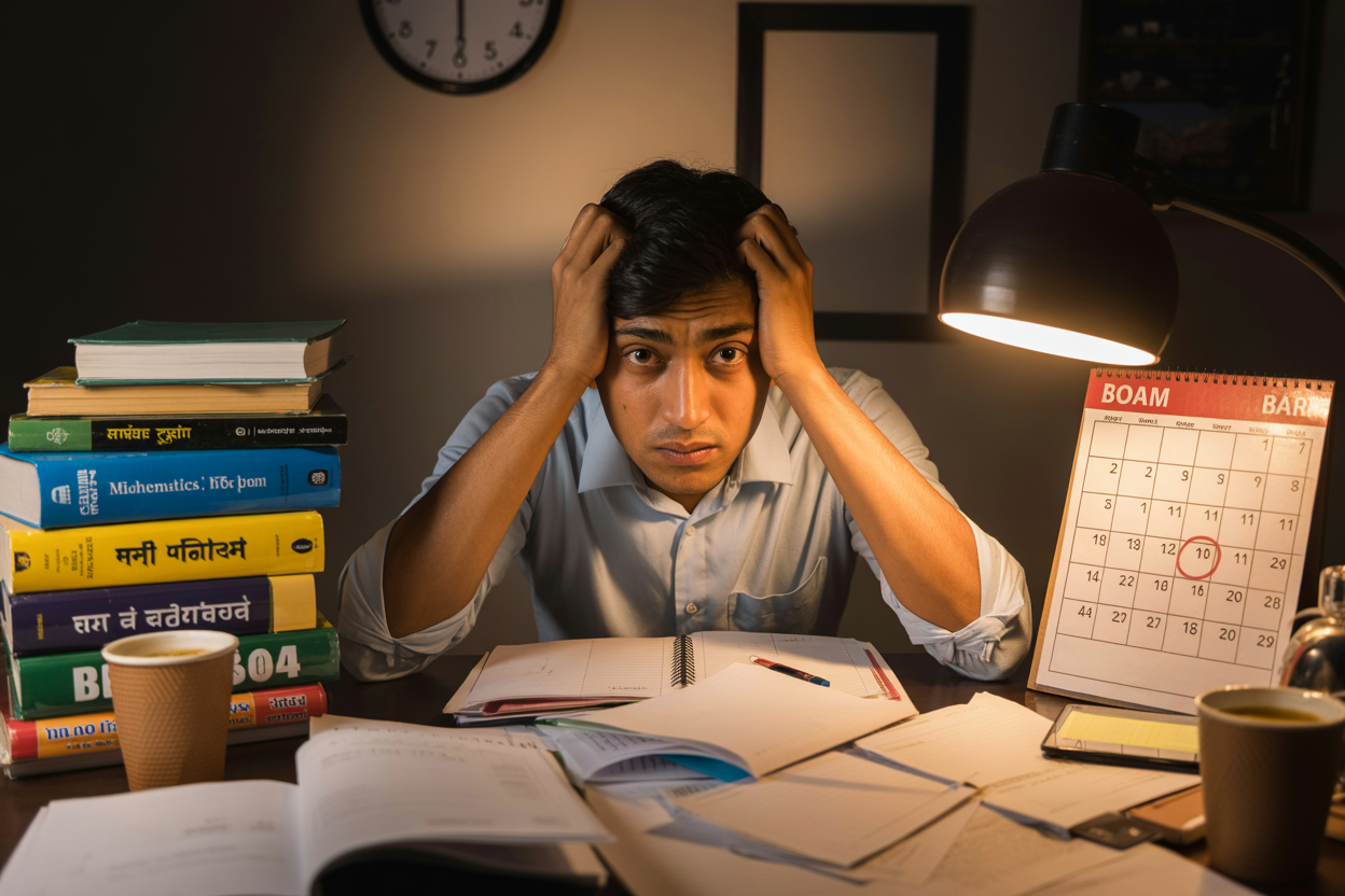 Create a realistic image of a young Indian male student sitting at a study desk looking stressed and overwhelmed, surrounded by scattered textbooks, notebooks, and exam papers, with his hands holding his head in a gesture of worry, dark circles under his eyes suggesting lack of sleep, a clock on the wall showing late night hours, dim warm lighting from a desk lamp creating shadows, books specifically showing subjects like mathematics, science, and Hindi literature typical of Bihar Board curriculum, a calendar with exam dates marked in red, and empty coffee cups indicating long study sessions, with a concerned expression on his face reflecting exam anxiety, absolutely NO text should be in the scene.