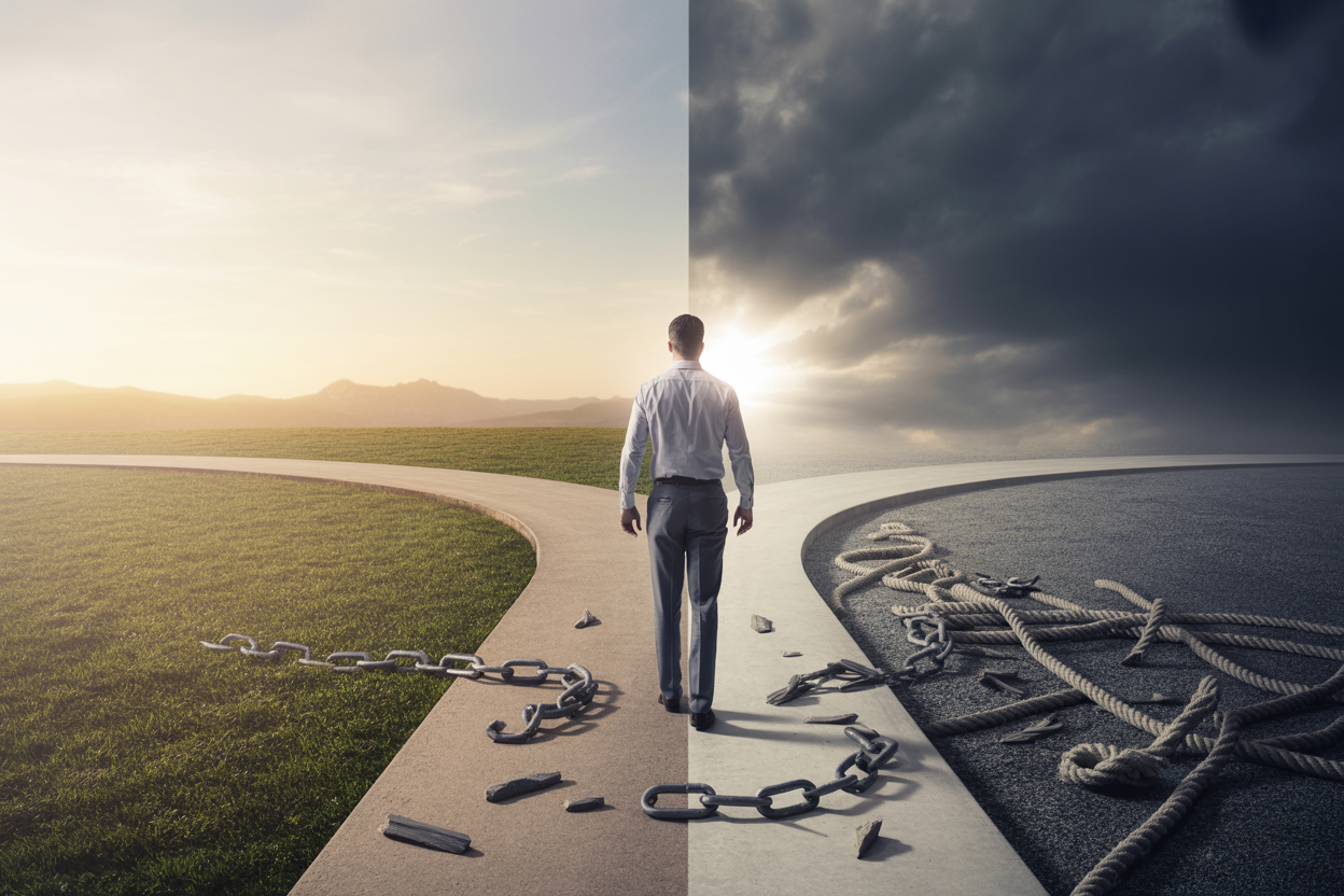 Create a realistic image of a person standing at a crossroads with two distinct paths, one path showing broken chains on the ground leading toward a bright, successful horizon with mountains and clear sky, while the other path shows tangled ropes and obstacles leading to a dead end with dark clouds, the person is a white male in business casual attire looking determined and taking a step toward the bright path, symbolizing the choice to break free from limiting excuses, soft morning lighting with warm golden tones illuminating the positive path while shadows cover the negative path, absolutely NO text should be in the scene.