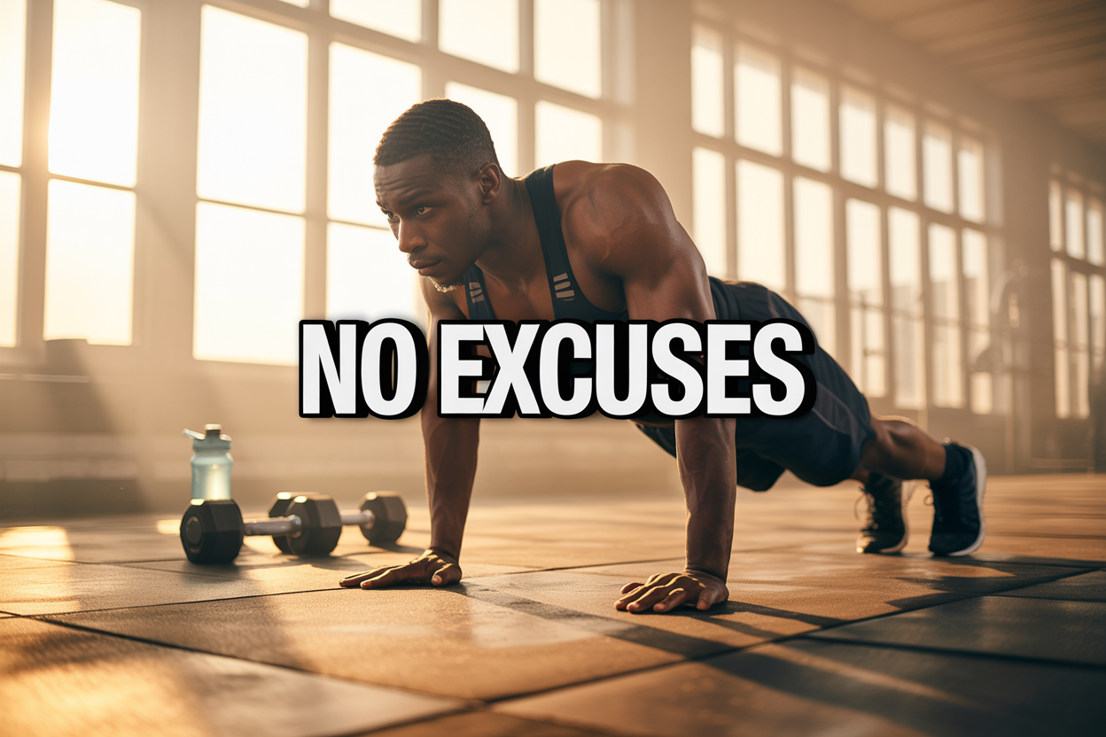 Create a realistic image of a determined black male athlete in athletic wear doing push-ups on a wooden gym floor at dawn, with golden sunlight streaming through large windows in the background, surrounded by subtle fitness equipment like dumbbells and a water bottle, featuring the text "NO EXCUSES" in bold white letters overlaid on the upper portion of the image, with a motivational and inspiring atmosphere that conveys strength, determination, and unwavering commitment to personal discipline.