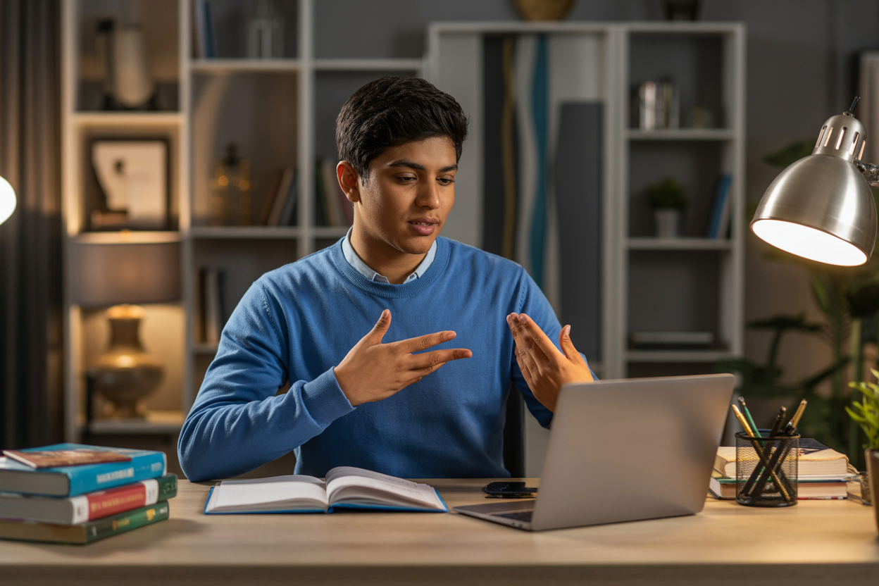 Create a realistic image of an Indian teenage male student sitting at a desk with a laptop, conducting an online tutoring session, with books and educational materials visible on the desk, warm lighting from a desk lamp, modern home study environment in the background, showing him explaining or teaching through video call interface on screen, professional yet comfortable atmosphere, absolutely NO text should be in the scene.