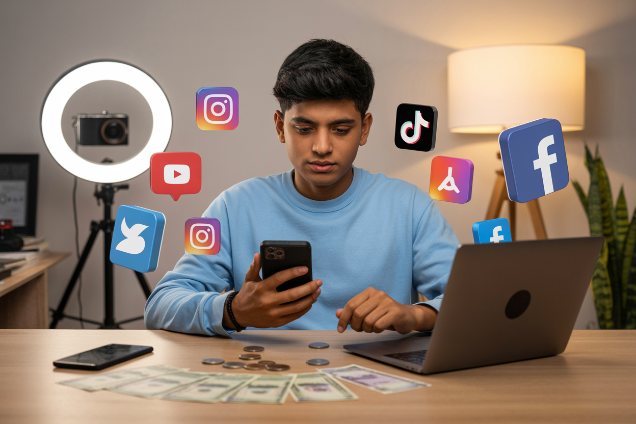 Create a realistic image of a young Indian male teenager sitting at a modern desk with a laptop computer, working on freelance projects, with multiple screens showing design software and coding interfaces, surrounded by creative elements like a graphics tablet, smartphone, and notebooks, in a well-lit home office setup with warm natural lighting from a window, conveying a productive and focused atmosphere of online freelancing work, absolutely NO text should be in the scene.