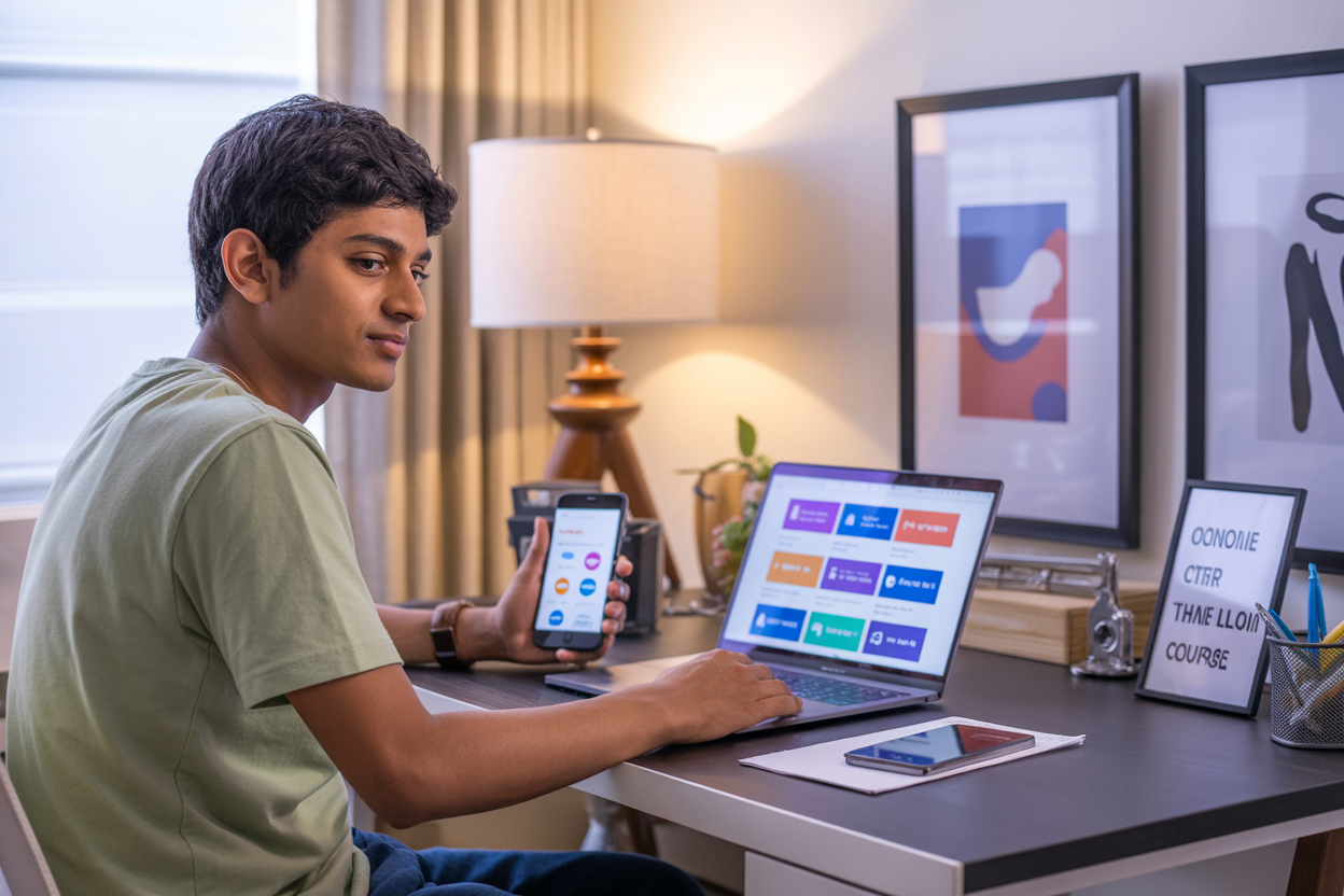 Create a realistic image of a young Indian male teenager sitting at a modern desk with a laptop open, displaying colorful digital product icons and service graphics on the screen, surrounded by elements like a smartphone showing an app interface, digital art prints, and online course materials, in a well-lit home office setup with natural lighting from a window, conveying a productive and entrepreneurial atmosphere, absolutely NO text should be in the scene.