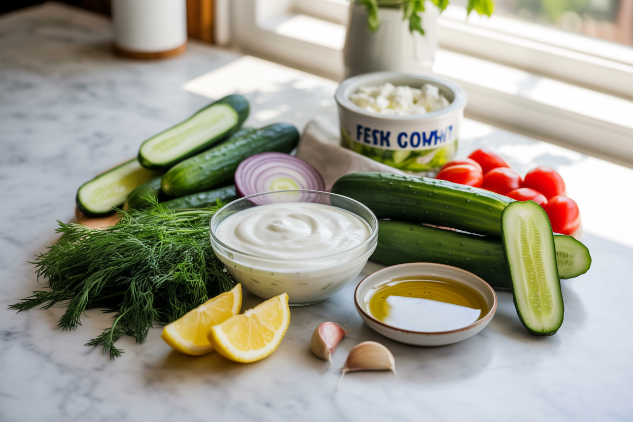 Create a realistic image of fresh ingredients for Greek yogurt cucumber salad artfully arranged on a clean white marble countertop, featuring a bowl of thick creamy Greek yogurt, fresh cucumbers (both whole and sliced), sprigs of fresh dill, red onion slices, cherry tomatoes, a small dish of olive oil, lemon wedges, garlic cloves, and a container of feta cheese crumbles, with natural daylight streaming in from a nearby window creating soft shadows and highlighting the vibrant colors and textures of the healthy ingredients, shot from a slightly elevated angle to showcase the complete ingredient collection, absolutely NO text should be in the scene.