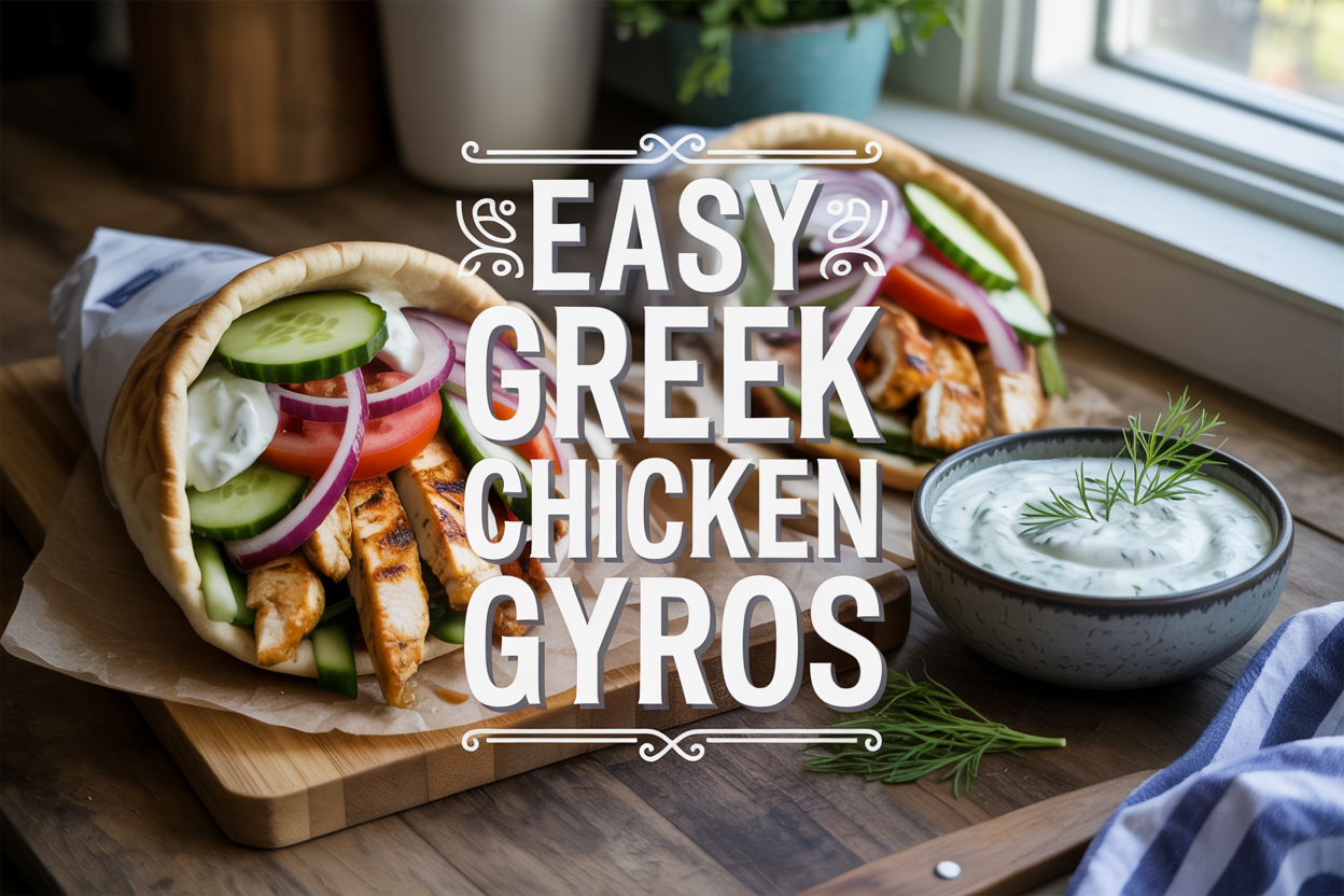 Create a realistic image of a wooden cutting board featuring freshly assembled Greek chicken gyros with golden grilled chicken strips, warm pita bread, fresh cucumber slices, red onions, tomatoes, and a small bowl of creamy white tzatziki sauce garnished with dill, set on a rustic kitchen counter with soft natural lighting from a nearby window, and include the text "Easy Greek Chicken Gyros" prominently displayed in elegant typography overlaying the scene.