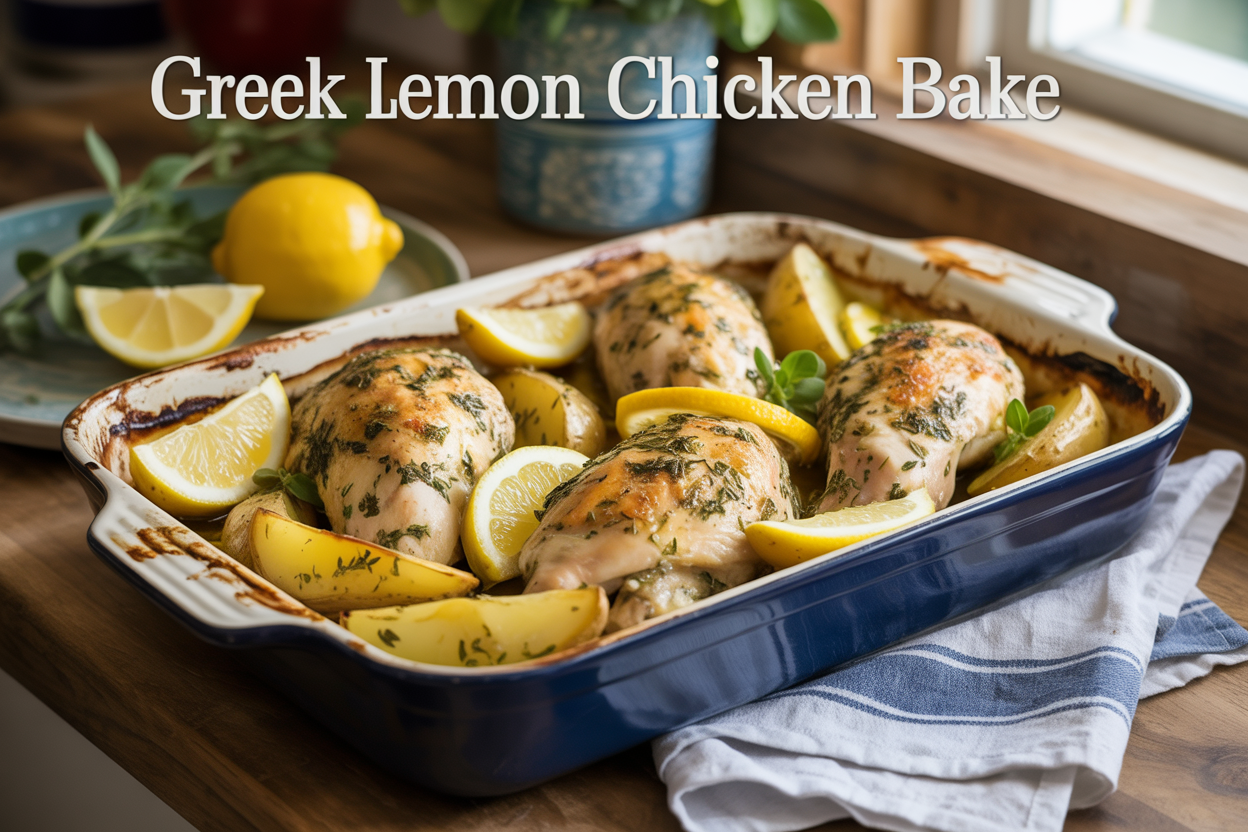 Create a realistic image of a golden-brown Greek lemon chicken bake with potatoes in a rustic ceramic baking dish, featuring herb-crusted chicken pieces and perfectly roasted potato wedges glistening with olive oil and lemon juice, garnished with fresh oregano and lemon slices, set on a wooden kitchen counter with Mediterranean-style blue and white kitchen towels, warm natural lighting from a window, and the text "Greek Lemon Chicken Bake" elegantly overlaid in white font at the top of the image.