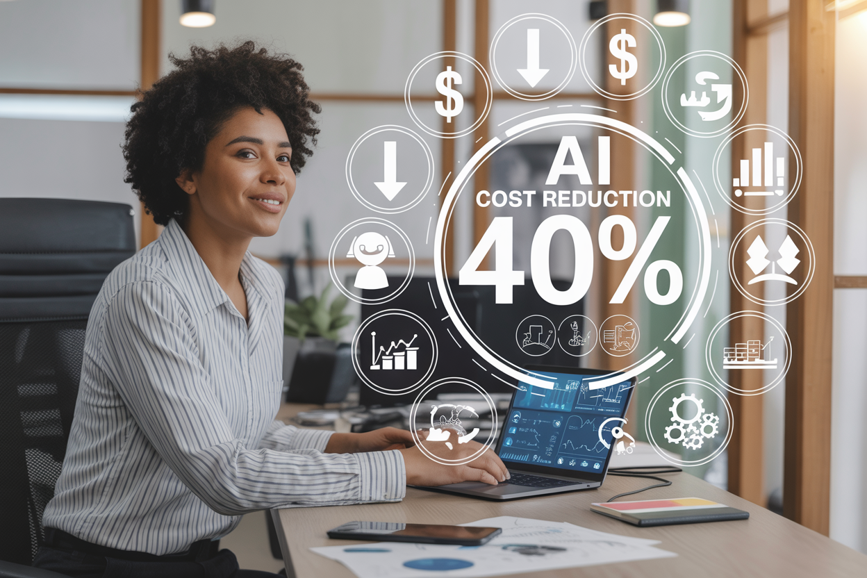 Create a realistic image of a diverse small business owner (mixed-race female) sitting at a modern office desk with a laptop displaying AI dashboard interfaces, surrounded by floating holographic icons representing cost reduction elements like dollar signs with downward arrows, automated chatbots, financial charts, and gear symbols, with a clean modern office background featuring warm natural lighting, and include the text "AI Cost Reduction 40%" prominently displayed in the upper portion of the image.