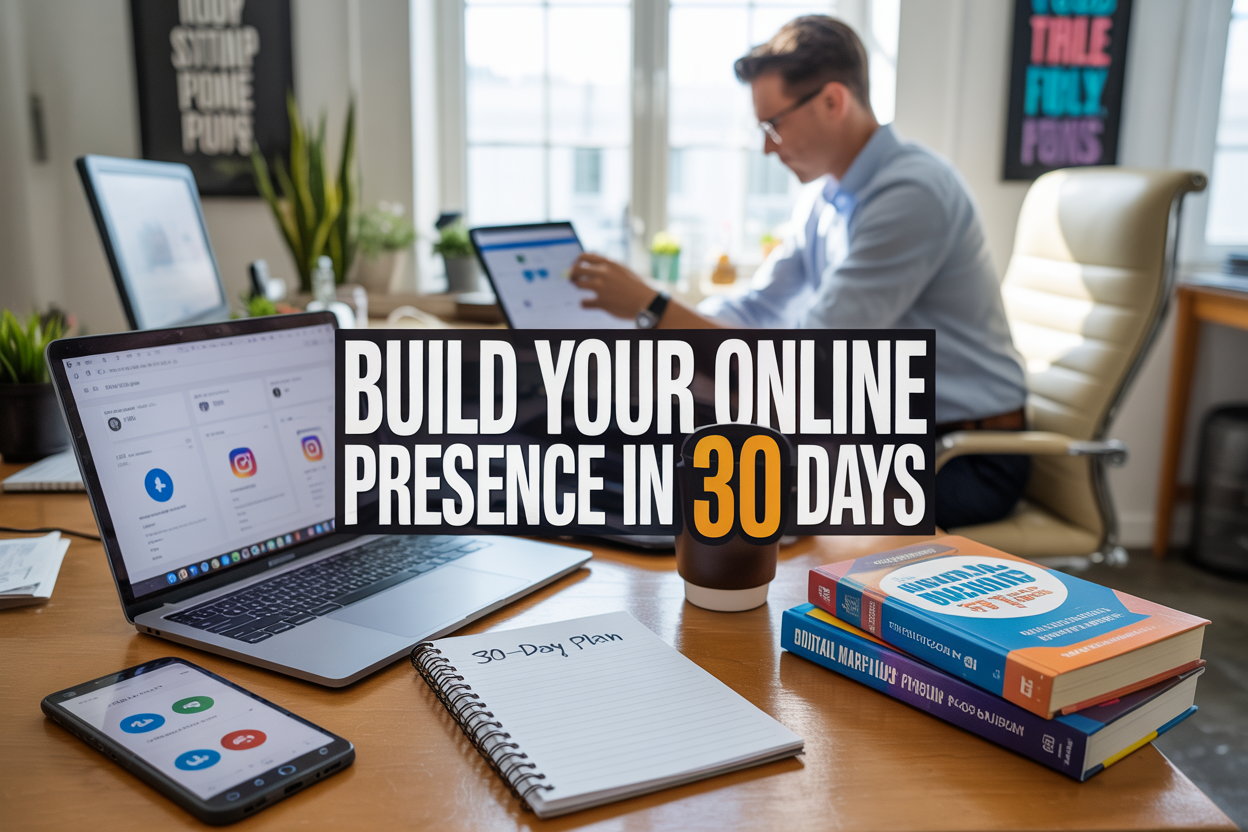 Create a realistic image of a modern workspace desk with a laptop displaying social media analytics dashboards, smartphone showing notification icons, notepad with "30-Day Plan" written on it, coffee cup, and digital marketing books scattered around, with a white male professional in business casual attire working in the background, bright natural lighting from a window, contemporary office setting with plants and motivational posters, text overlay reading "Build Your Online Presence in 30 Days" in bold modern typography.