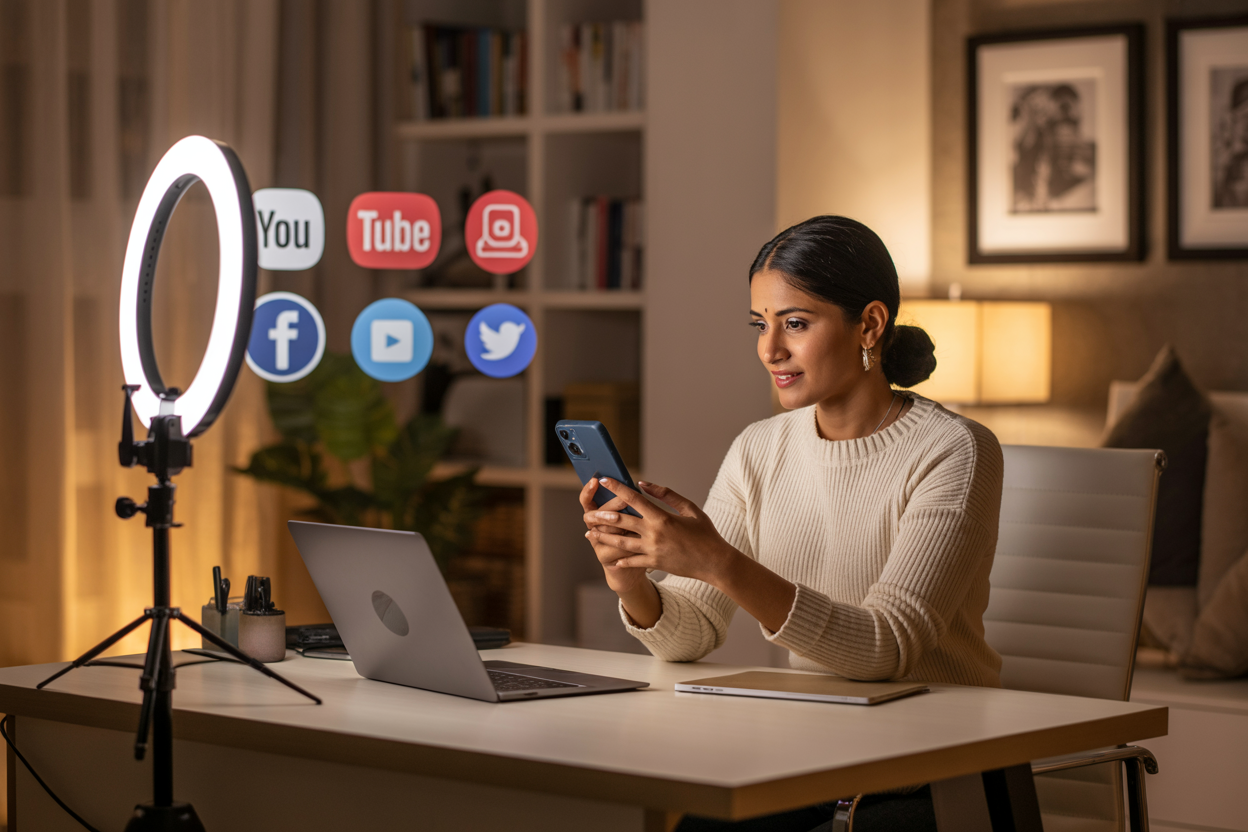 Create a realistic image of an Indian female sitting at a modern desk with a laptop, smartphone, and ring light setup, with YouTube and social media icons floating subtly in the background, warm indoor lighting creating a professional home office atmosphere, showing her actively creating content or managing social media accounts, with a cozy home environment visible behind her. Absolutely NO text should be in the scene.