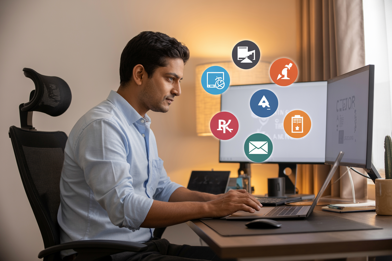 Create a realistic image of an Indian male freelancer working on a laptop at a modern home office setup with dual monitors, ergonomic chair, and organized desk accessories, surrounded by icons representing different freelance services like graphic design, writing, programming, and digital marketing floating subtly in the air around him, with warm natural lighting from a nearby window creating a productive and professional atmosphere, absolutely NO text should be in the scene.