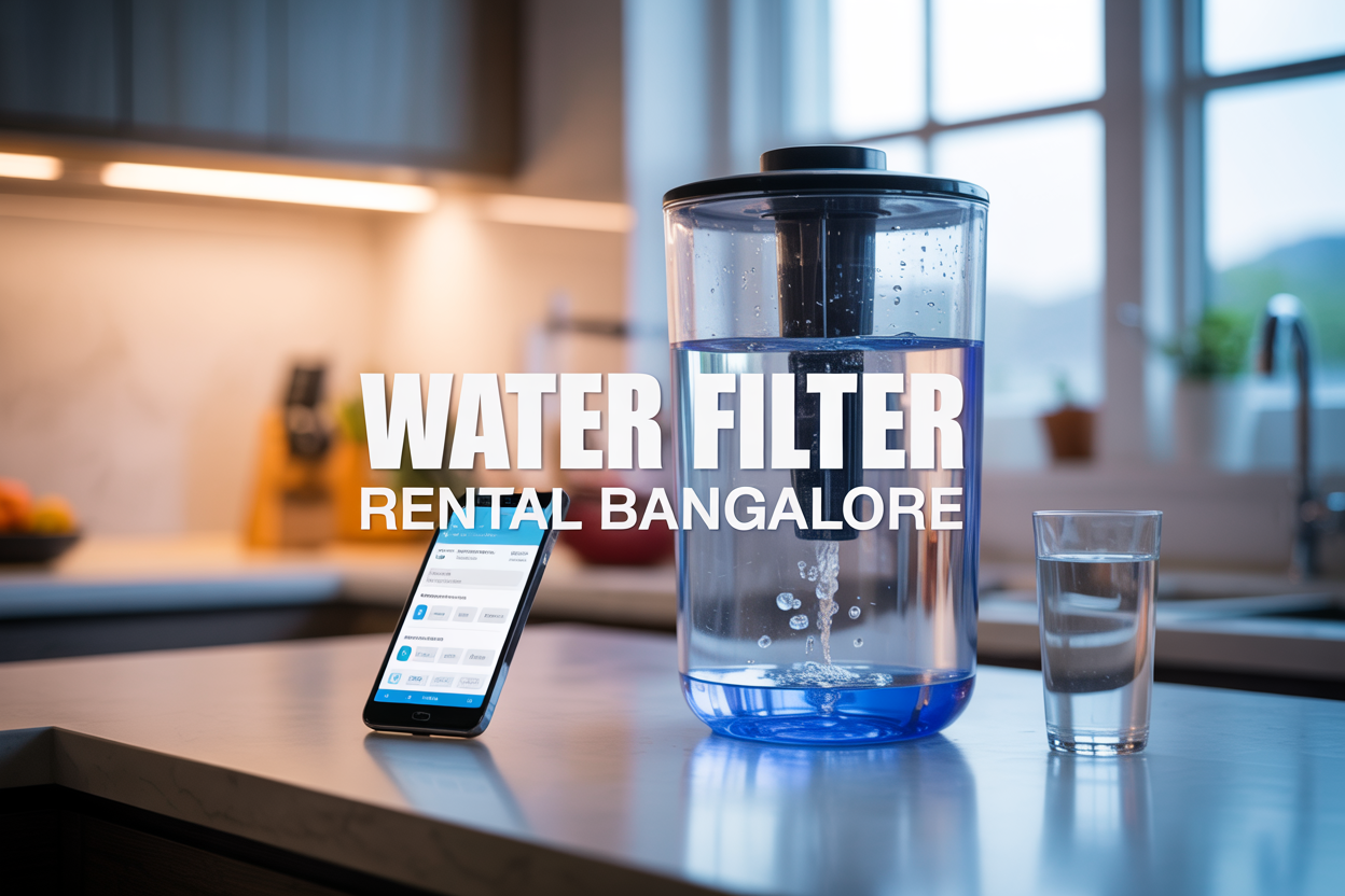 Create a realistic image of a modern kitchen counter with a sleek water filter system prominently displayed, featuring a transparent water dispenser with blue filtered water, alongside a smartphone showing a rental app interface, with soft natural lighting from a window in the background, including the text "Water Filter Rental Bangalore" overlaid in bold, professional font, and subtle elements like water droplets and a glass of clean water to emphasize purity and convenience.
