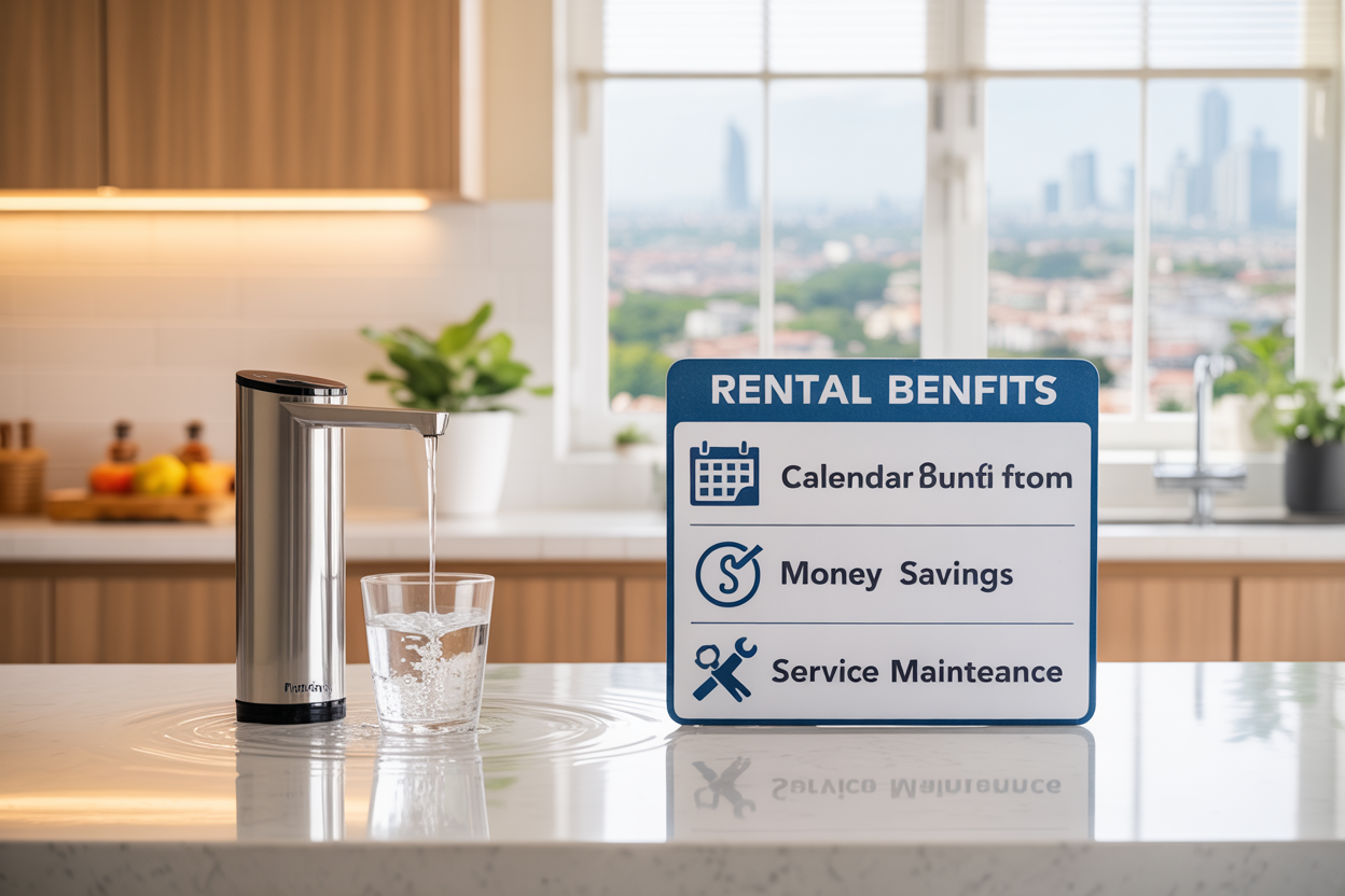 Create a realistic image of a modern kitchen countertop featuring a sleek water filtration system on the left side with flowing clean water, next to a comparison setup showing rental benefits symbols like a calendar with checkmarks, money savings icons, and a service maintenance toolkit, with warm natural lighting from a window, clean white and blue color scheme, and a blurred residential background showing glimpses of Bangalore cityscape through the window, absolutely NO text should be in the scene.