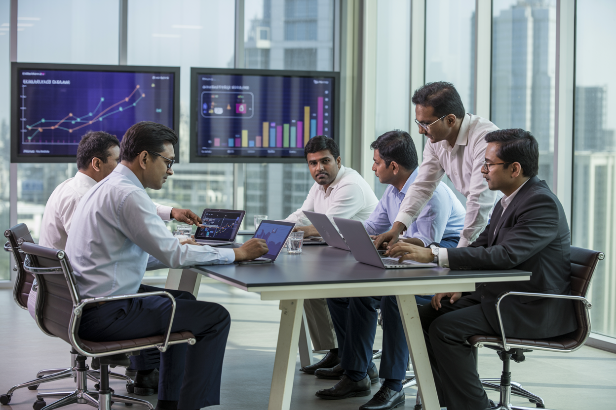 Create a realistic image of a modern office conference room in Chennai with Indian business professionals - a mix of male and female executives of South Asian ethnicity - sitting around a sleek table reviewing digital marketing analytics on laptops and tablets, with large wall-mounted screens displaying colorful graphs and social media metrics, Chennai city skyline visible through floor-to-ceiling windows, bright natural lighting creating a professional atmosphere, showing collaboration and strategic planning, absolutely NO text should be in the scene.