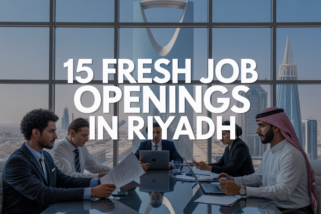 Create a realistic image of a modern office setting in Riyadh with diverse professionals including Middle Eastern, white, and black males and females in business attire sitting around a conference table reviewing documents and laptops, with the iconic Kingdom Centre tower visible through large windows in the background, professional lighting, and the text "15 Fresh Job Openings in Riyadh" prominently displayed in bold modern font overlay.
