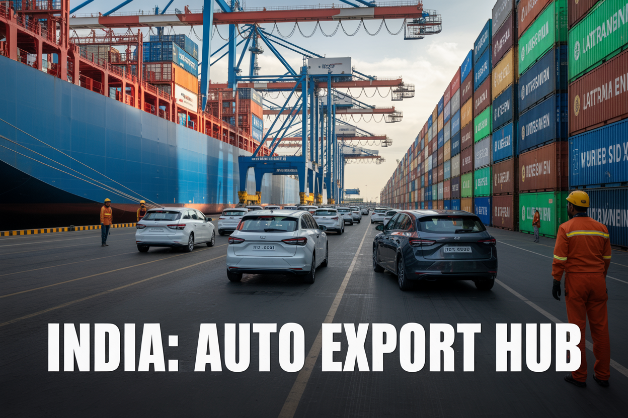 Create a realistic image of a modern automotive manufacturing facility in India with cars being loaded onto large cargo ships at a bustling port, featuring Indian workers in safety gear overseeing the export operations, European flags visible on shipping containers, industrial cranes and loading equipment in the background, bright daylight with a professional industrial atmosphere, and the text "India: Auto Export Hub" prominently displayed in the foreground.
