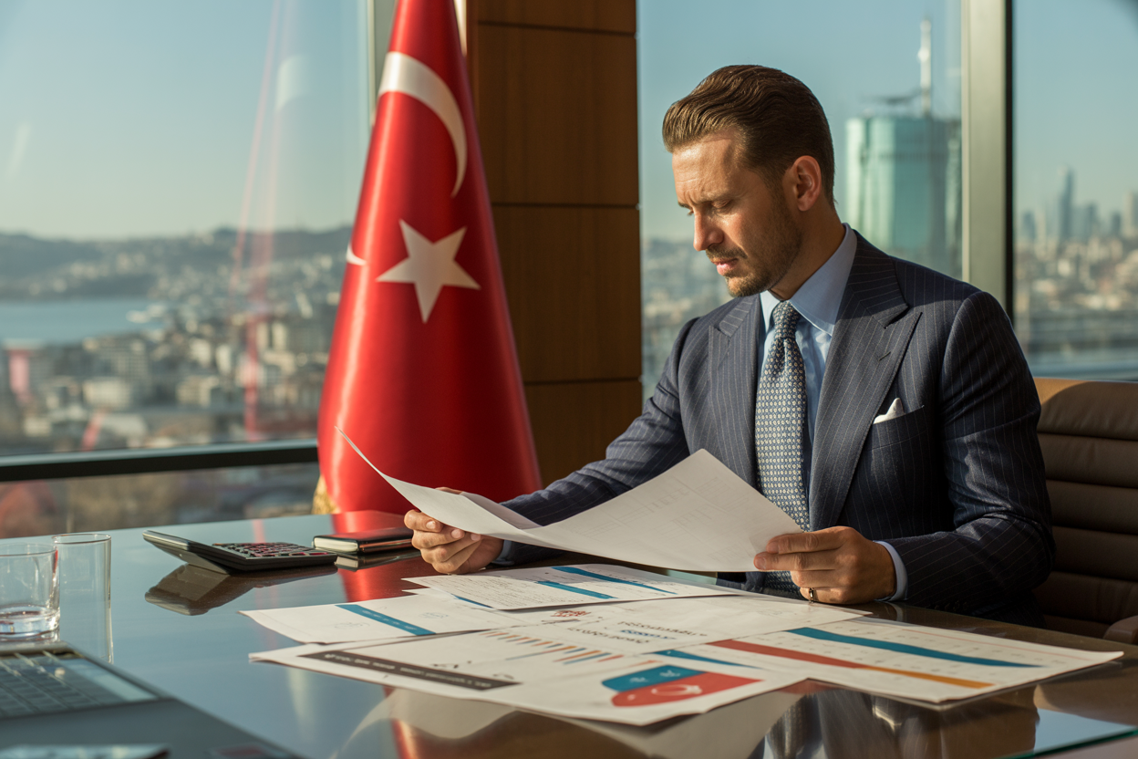Create a realistic image of a modern Turkish business office with a Turkish businessman in a tailored suit reviewing investment documents at a polished conference table, Turkish flag visible on the wall, calculator and financial charts spread across the table, glass windows showing Istanbul cityscape in the background, professional lighting with warm natural light, absolutely NO text should be in the scene.