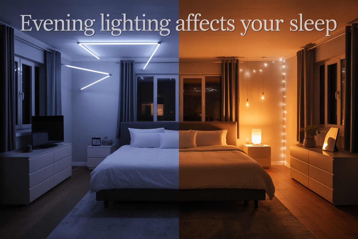 Create a realistic image of a split-screen bedroom scene showing the contrast between disruptive bright lighting and calming evening lighting, with the left side featuring harsh white LED lights from ceiling fixtures and electronic devices creating a cold blue-tinted atmosphere, and the right side showing warm amber lighting from bedside lamps and soft string lights creating a cozy golden glow, including a neatly made bed with white linens in the center, dark curtains framing a window, and the text "Evening Lighting Affects Your Sleep" overlaid in elegant white font at the top of the image.