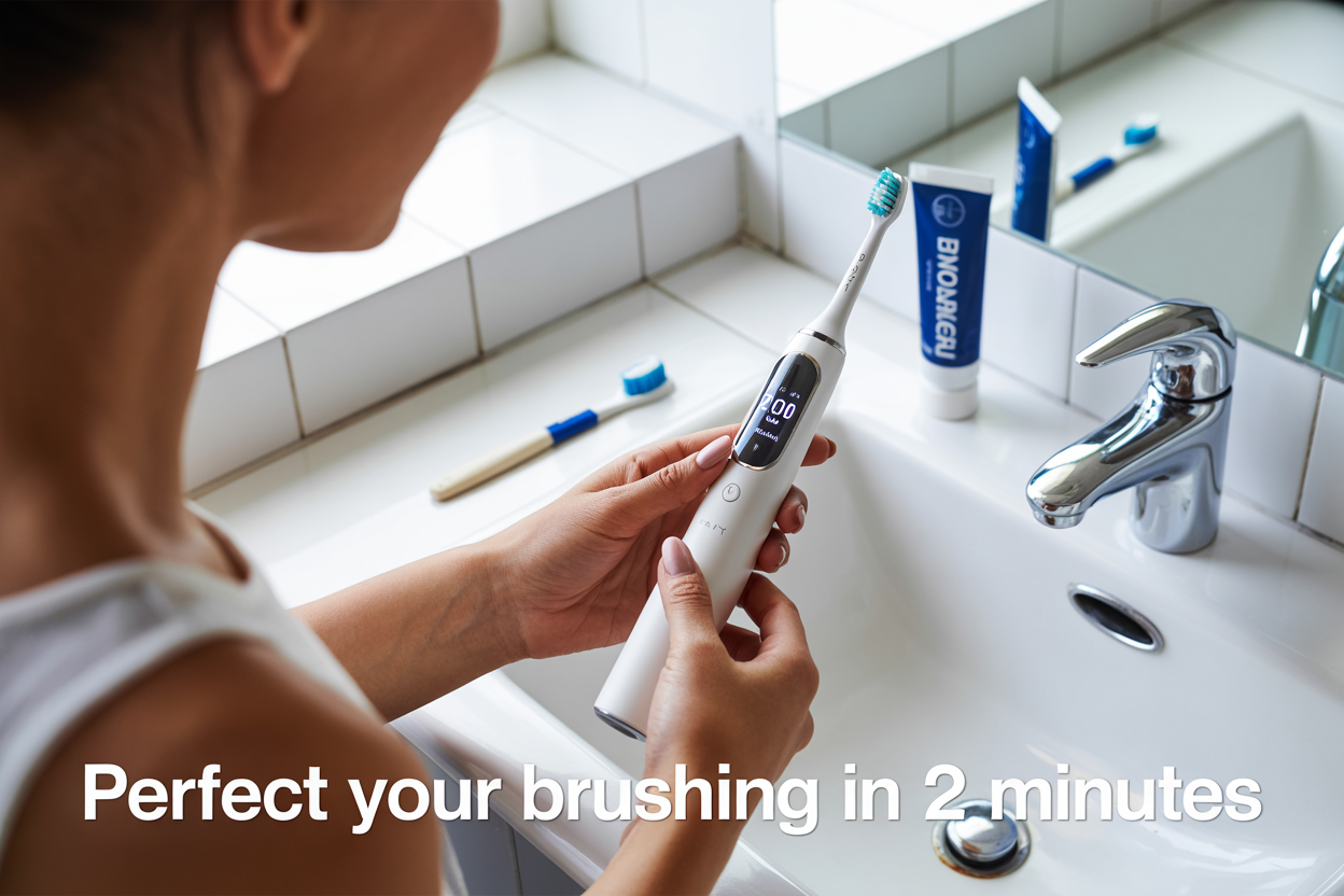 Create a realistic image of a close-up view showing a white female's hands holding a modern electric toothbrush with a timer display showing "2:00" minutes, positioned over a clean white bathroom sink with a tube of toothpaste and traditional manual toothbrush visible in the background, bright natural lighting from a window, with overlay text "Perfect Your Brushing in 2 Minutes" in clean modern font, conveying a fresh and organized morning routine atmosphere.