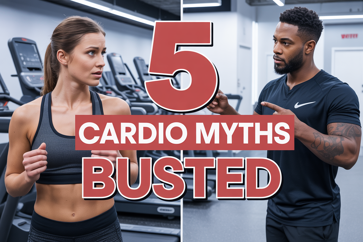 Create a realistic image of a split-screen composition showing a confused white female fitness enthusiast in workout attire on the left side looking puzzled while surrounded by various cardio equipment including a treadmill, stationary bike, and dumbbells, and on the right side showing a confident black male trainer pointing to a large red "MYTH BUSTED" text overlay, with a modern gym background featuring bright LED lighting, clean white walls, and motivational atmosphere, incorporating bold text that reads "5 CARDIO MYTHS BUSTED" prominently displayed across the center of the image.