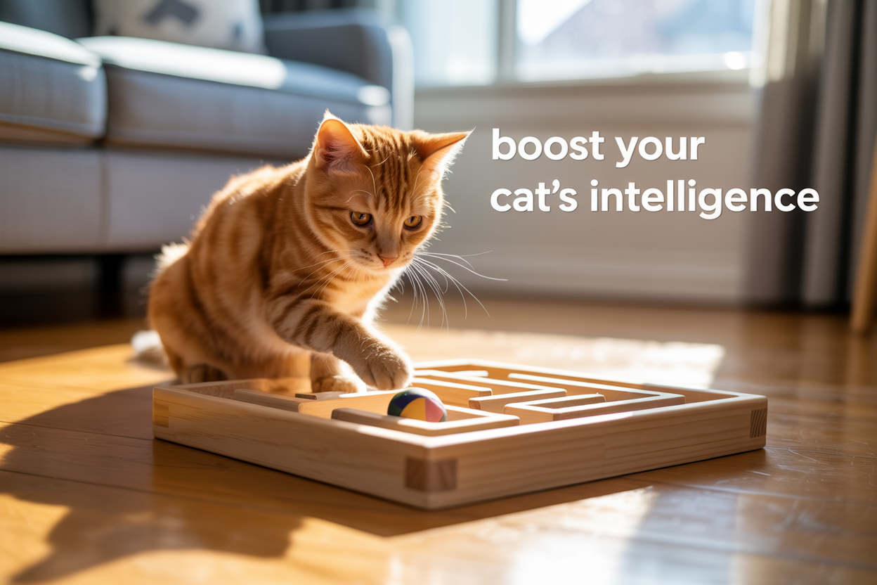 Create a realistic image of an intelligent-looking orange tabby cat actively playing with a natural wooden maze toy on a hardwood floor, with the cat reaching its paw into one of the maze compartments to retrieve a small treat or toy ball, shot from a slightly elevated angle in warm natural lighting from a nearby window, with the text "Boost Your Cat's Intelligence" displayed in modern sans-serif font in the upper portion of the image, creating a cozy indoor home environment that emphasizes mental stimulation and interactive play.