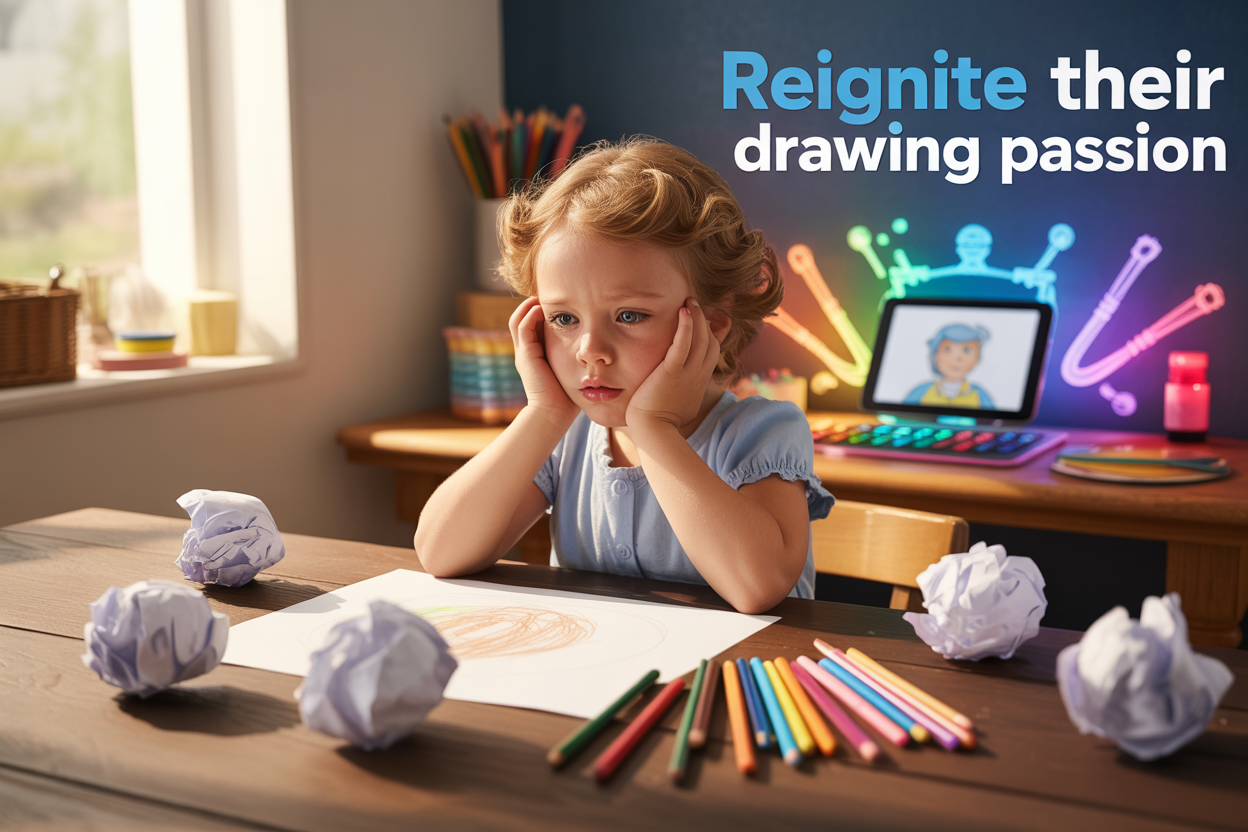 Create a realistic image of a young white female child around 8 years old sitting at a wooden table looking frustrated and disinterested, with crumpled up drawings scattered around her, a set of basic colored pencils and blank paper in front of her, while in the background there are vibrant digital drawing tablets and modern art supplies glowing softly, representing the transition from traditional to engaging methods, with warm natural lighting from a window on the left side, and the text "Reignite Their Drawing Passion" displayed prominently in modern, child-friendly typography in the upper portion of the image.