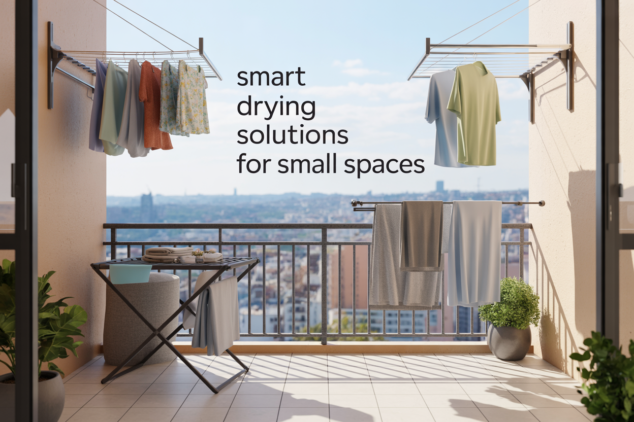 Create a realistic image of a small modern balcony with white railings overlooking an urban cityscape, featuring multiple smart clothes drying solutions including a wall-mounted retractable clothesline with colorful garments, a compact folding drying rack with towels and shirts, and clothes hanging from tension rods between railings, all bathed in bright natural sunlight with a gentle breeze effect shown by slightly moving fabric, include potted plants in corners, clean white tiles on the floor, and overlay text reading "Smart Drying Solutions for Small Spaces" in modern sans-serif font positioned in the upper portion of the image.