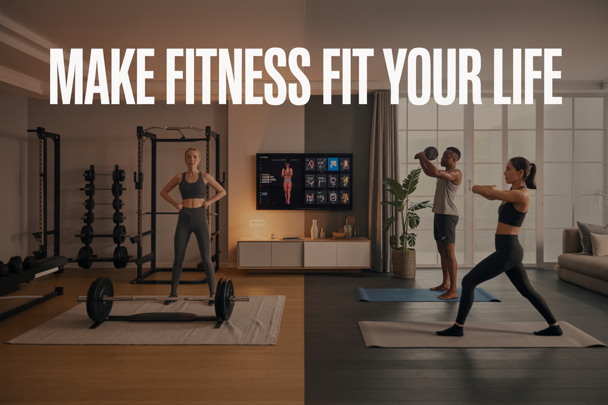 Create a realistic image of a modern living room split into three workout zones: on the left a traditional gym setup with weights and equipment, in the center a sleek smart home fitness area with a wall-mounted screen displaying workout apps and compact smart equipment, and on the right a simple yoga mat with basic bodyweight exercise space, featuring a diverse group including a white female using smart equipment, a black male doing bodyweight exercises, and an Asian female with traditional weights, with warm natural lighting from large windows, and bold text overlay reading "Make Fitness Fit Your Life" in modern sans-serif font across the top of the image.