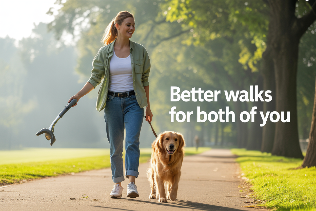 Create a realistic image of a happy white female dog owner in her 30s walking a golden retriever on a sunny park path, holding a sleek one-handed dog waste cleanup tool, with green trees and morning sunlight in the background creating a pleasant walking atmosphere, include the text "Better Walks for Both of You" overlaid in clean modern font.