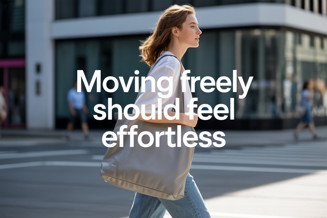 Create a realistic image of a young white female in casual clothing effortlessly walking through a modern urban environment, carrying a sleek, minimalist bag that appears lightweight and functional, with her posture relaxed and confident, surrounded by a clean cityscape with soft natural lighting, displaying the text "Moving Freely Should Feel Effortless" in modern, clean typography overlaid on the image, conveying a sense of freedom, simplicity, and daily comfort in an aspirational lifestyle setting.