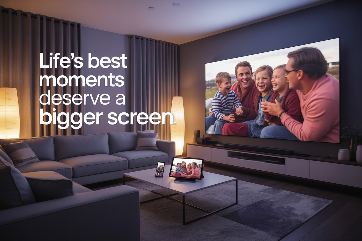 Create a realistic image of a modern living room with a large wall-mounted smart TV displaying a vibrant family movie scene, a comfortable gray sectional sofa facing the screen, warm ambient lighting from floor lamps creating a cozy atmosphere, with a small smartphone and tablet placed on a coffee table showing the same content but appearing tiny in comparison, and elegant text overlay reading "Life's Best Moments Deserve a Bigger Screen" in modern white typography positioned in the upper portion of the image.