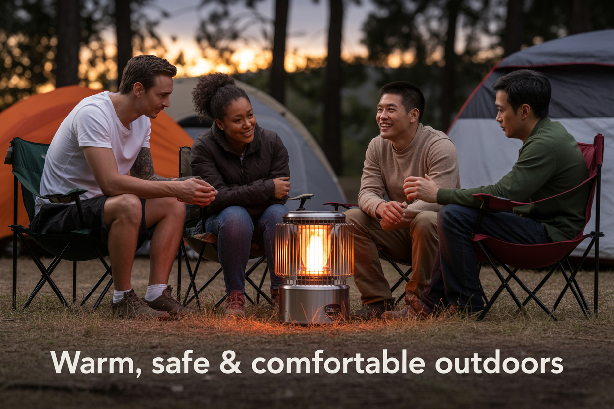 Create a realistic image of a diverse group of people (including a white male, black female, and Asian male) gathered around a compact portable outdoor heater during a camping trip at dusk, with warm orange light emanating from the heater illuminating their comfortable faces, camping chairs and tents visible in the background among pine trees, soft golden hour lighting creating a cozy atmosphere, with the text "Warm, Safe & Comfortable Outdoors" overlaid in clean white font at the bottom of the image.