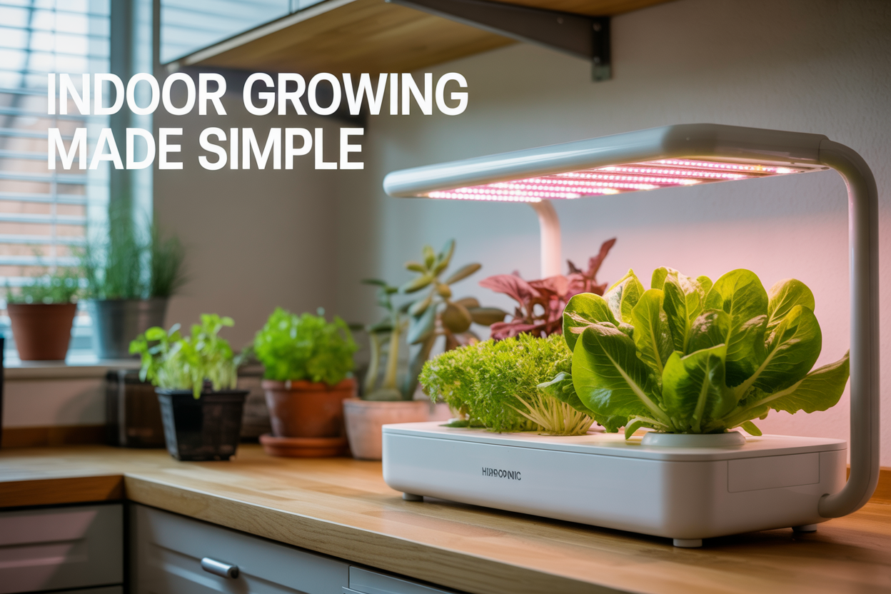 Create a realistic image of a modern kitchen countertop scene featuring a sleek indoor hydroponic growing system with vibrant green lettuce and herbs thriving under LED grow lights, alongside some wilted plants in traditional pots to show the contrast, with soft natural lighting from a nearby window, and overlay text reading "Indoor Growing Made Simple" in clean, modern typography.