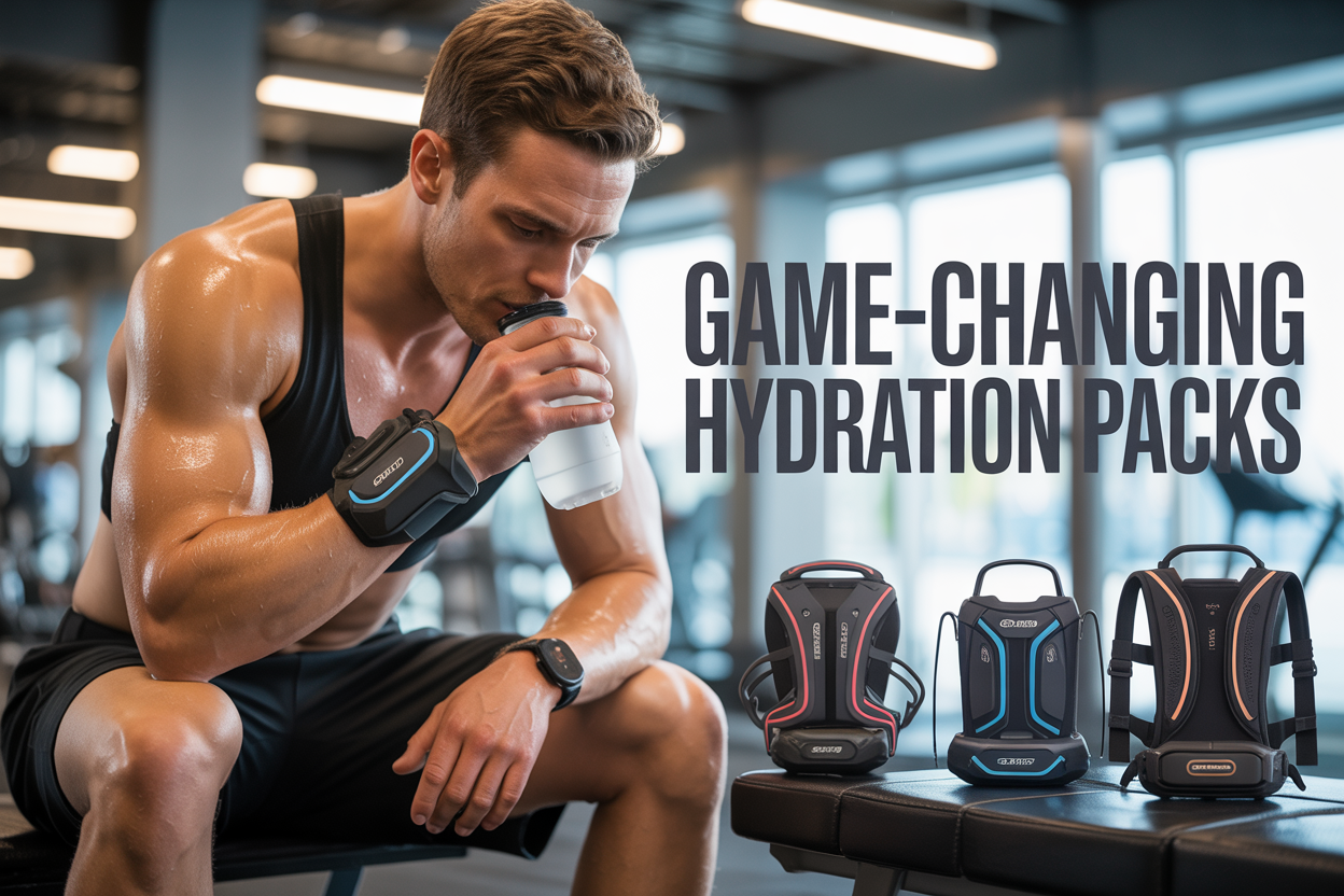Create a realistic image of a fit white male athlete in athletic wear drinking from a sleek wrist-mounted hydration pack during an intense workout in a modern gym setting, with additional innovative hydration gear displayed on a nearby bench including backpack-style and belt-mounted hydration systems, bright LED gym lighting creating an energetic atmosphere, sweat glistening on the athlete's skin showing active use, with bold text overlay reading "GAME-CHANGING HYDRATION PACKS" in modern sans-serif font, and a clean background featuring gym equipment like dumbbells and exercise machines slightly out of focus.