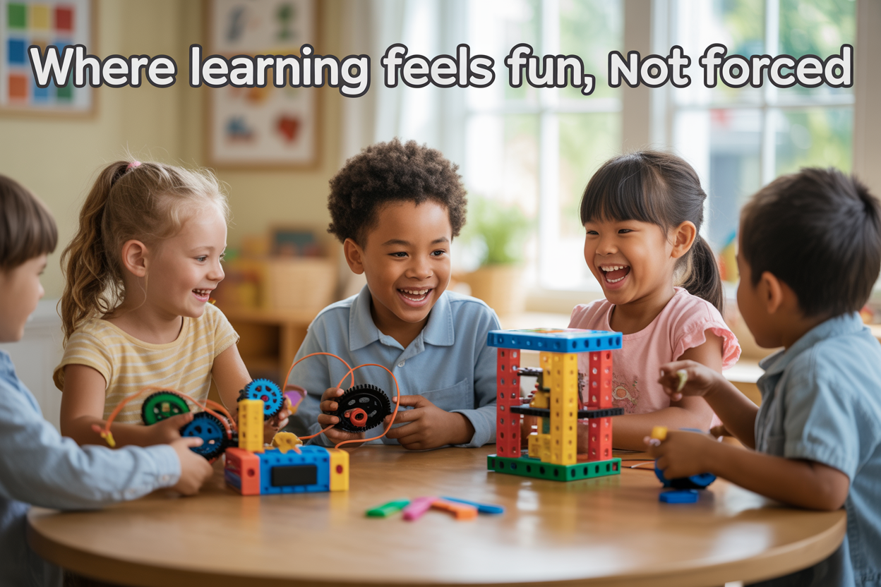 Create a realistic image of a diverse group of children (including a white female, black male, and Asian female child, ages 6-10) sitting around a wooden table enthusiastically engaged with colorful STEM building kits including gears, circuits, and modular blocks, with genuine expressions of joy and curiosity on their faces, bright natural lighting streaming through a window, warm and inviting home or classroom environment with educational posters in the soft-focus background, and the text "Where Learning Feels Fun, Not Forced" prominently displayed at the top of the image in modern, friendly typography.