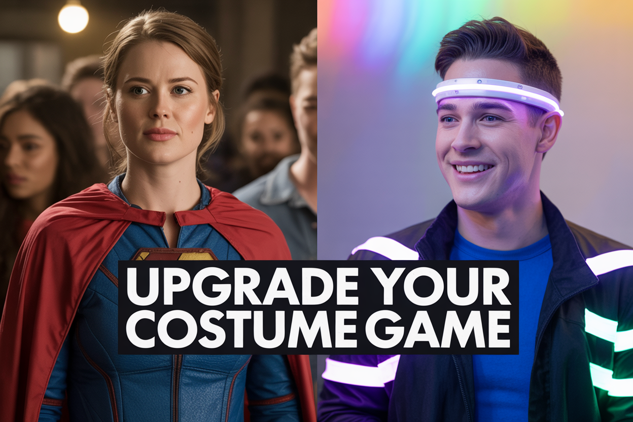 Create a realistic image of a split-screen comparison showing a white female on the left wearing a traditional bulky superhero costume looking uncomfortable and restricted, and a white male on the right wearing regular clothes with fun LED light accessories, glowing wearable tech gadgets, and a bright smile looking confident and comfortable, with colorful party lighting in the background, and bold text overlay reading "UPGRADE YOUR COSTUME GAME" in modern fonts.