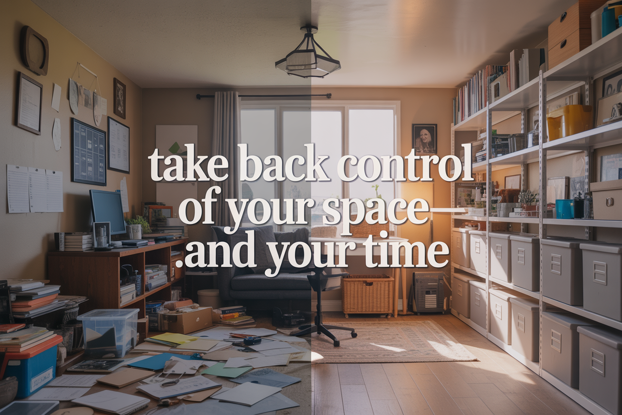 Create a realistic image of a split-screen composition showing a cluttered, disorganized room on the left with scattered papers, books, and household items creating chaos, and a clean, well-organized space on the right with neat shelving, labeled storage containers, and everything in its proper place, featuring warm natural lighting from a window, with the text "Take Back Control of Your Space—and Your Time" elegantly overlaid in modern typography across the center of the image, conveying a sense of transformation from chaos to calm productivity.