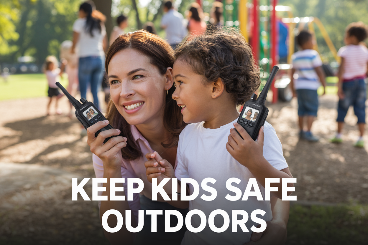 Create a realistic image of a white mother and her young child (around 8 years old, mixed race) in a busy outdoor park setting, both holding small handheld video walkie talkies with small screens visible, the mother looking relieved and confident while the child is playing near playground equipment in the background but still visible, other families and children blurred in the background to show a crowded environment, bright natural daylight with trees and grass, warm and reassuring mood, with text overlay reading "Keep Kids Safe Outdoors" in bold, clean font.