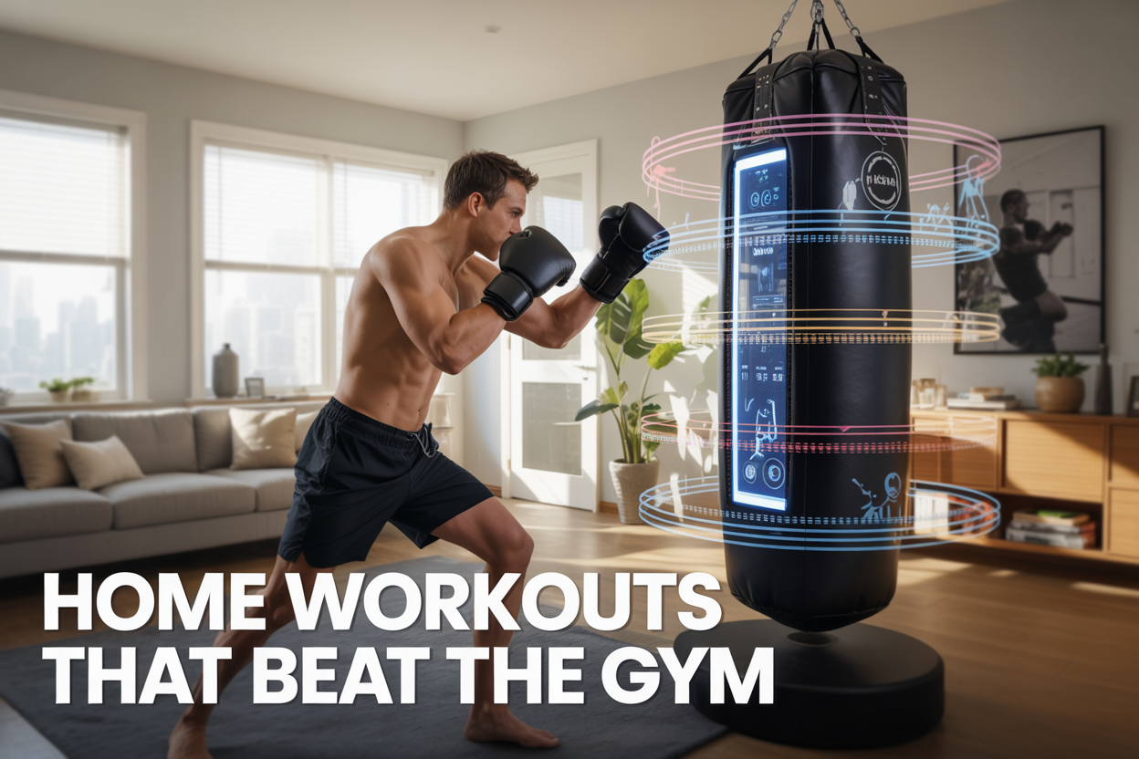 Create a realistic image of a modern home living room transformed into a high-tech boxing workout space, featuring a sleek interactive boxing bag with digital display screens, LED lighting effects, and motion sensors, with a fit white male in athletic wear throwing punches at the smart equipment, bright natural lighting streaming through windows, motivational atmosphere with floating holographic performance metrics and data visualizations around the boxer, clean minimalist home interior with pushed-back furniture, and bold text overlay reading "HOME WORKOUTS THAT BEAT THE GYM" in modern sans-serif font.