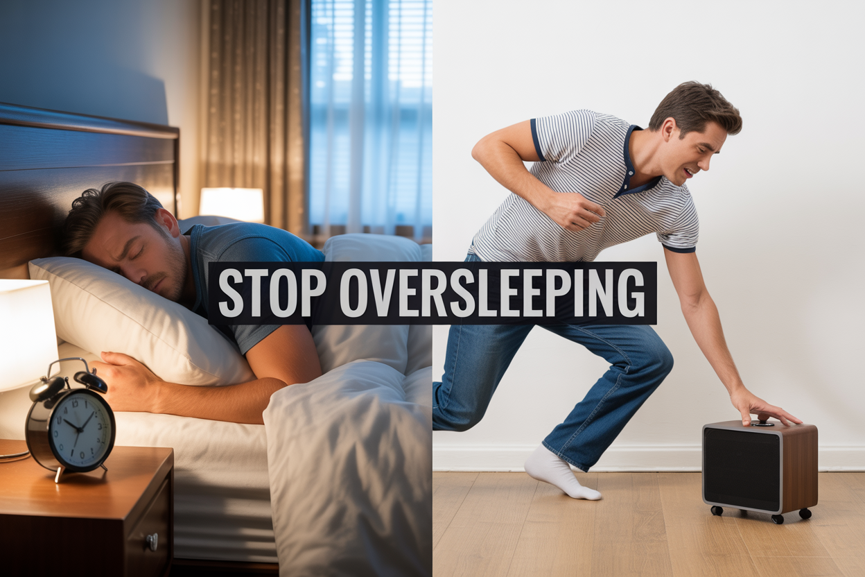 Create a realistic image of a split-screen composition showing on the left side a traditional bedside alarm clock being ignored by a sleeping white male in a messy bed with sunlight streaming through curtains indicating late morning, and on the right side the same person now awake and energetically getting out of bed while reaching for a modern moving alarm clock on wheels on the floor, with the text "STOP OVERSLEEPING" prominently displayed across the center of the image in bold, clean typography, bright morning lighting throughout the scene conveying the contrast between oversleeping and successfully waking up.