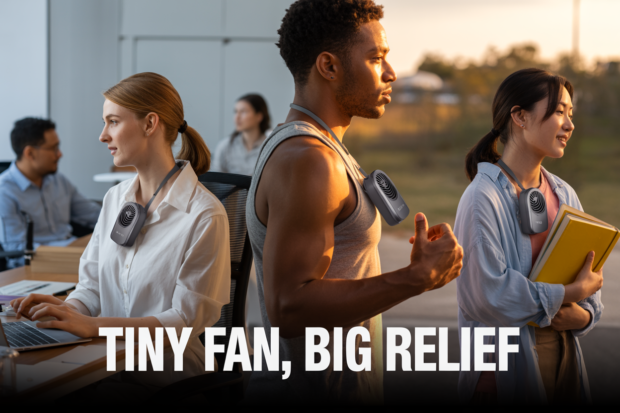 Create a realistic image of a small, sleek hands-free personal fan worn around the neck of a diverse group including a white female office worker at a desk, a black male in workout clothes, and an Asian female student with books, all looking comfortable and cool, with the compact fan prominently featured in the foreground showing its modern design and USB charging port, set against a split background showing an office environment on one side and outdoor setting on the other, with warm golden lighting suggesting heat relief, and bold text overlay reading "TINY FAN, BIG RELIEF" in modern sans-serif font.