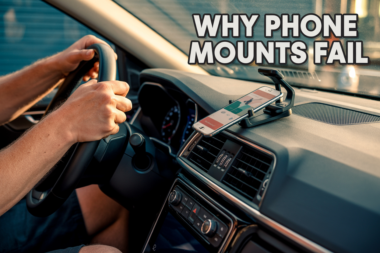 Create a realistic image of a car dashboard interior showing a smartphone that has fallen from its mount onto the passenger seat, with a frustrated white male driver's hands gripping the steering wheel, the phone screen displaying a navigation app, a broken or loose phone mount visible on the dashboard air vent, warm natural lighting from the windshield, and text overlay reading "Why Phone Mounts Fail" in bold white letters positioned in the upper portion of the image.